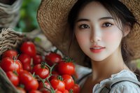 Young Asian woman in straw hat holding fresh vine tomatoes, natural light portrait with soft bokeh background, farm to table concept for organic produce marketing.