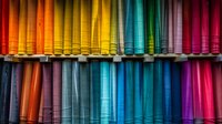 Vibrant rainbow spectrum of neatly arranged fabric rolls displayed on retail shelves, perfect for textile industry, fashion design, and interior decoration backgrounds.