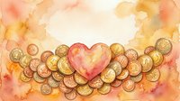 Watercolor heart surrounded by golden coins on warm peach background, symbolizing love, wealth, and financial generosity in charity concepts.