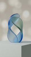 Frosted glass abstract sculpture with twisted blue and green curves on a white pedestal, soft bokeh background, modern art decor concept.