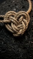 Natural jute rope tied in heart shape on dark volcanic stone surface. Rustic love symbol for romantic designs, wedding invitations and craft projects.