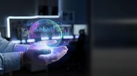 Businessman holding glowing holographic globe with digital data analytics, charts and network connections, representing global technology, innovation and business intelligence solutions.