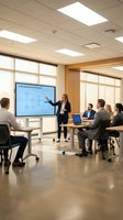 Professional businesswoman presenting AI implementation strategies to diverse team in modern conference room with large display screen.