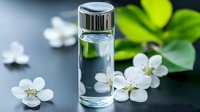 Clear glass vial with silver cap surrounded by fresh white spring blossoms and green leaves on dark background, wellness and aromatherapy concept.