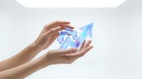 Female hands protecting holographic growth arrow chart showing upward trend and financial success in modern business environment.