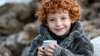 Young child with curly ginger hair wearing cozy gray fleece jacket holds warm drink in mug, smiling genuinely outdoors on cold winter day. Natural lifestyle portrait.