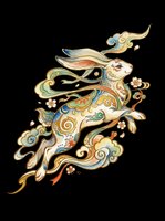 Ornate leaping rabbit with colorful swirls, floral accents, and Asian art style, isolated on transparent background. Great for t-shirts, stickers, and print on demand.