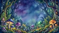 Enchanted forest clearing with glowing mushrooms, twisted trees, and starry night sky overhead, surrounded by magical flora and fauna in vibrant purples, blues, and greens, creating a whimsical woodland fantasy scene.