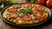 Fresh Margherita pizza with sliced tomatoes, melted mozzarella, and aromatic basil leaves on rustic wooden table, close-up view of traditional Italian cuisine.