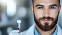 Young male medical professional in blue shirt holding blood sample tube, with well-groomed beard and striking blue eyes against blurred laboratory background.