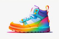 Rainbow gradient high-top sneaker with white leather upper, multicolored details and chunky platform sole on white background, isolated sportswear design element.