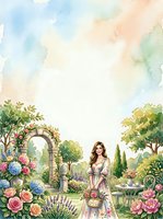 Watercolor garden scene with a young woman in a floral dress holding a basket, surrounded by roses and blooming flowers with copy space.