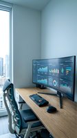 Modern office workspace with curved monitor displaying business analytics dashboard and financial data charts on wooden desk near city window.