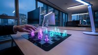 Futuristic holographic chess game on tablet with glowing pieces in modern office environment. Digital technology meets traditional strategy gaming concept.