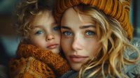 Young Caucasian mother and daughter with striking blue eyes and blonde curly hair wearing matching orange knitted winter hats and scarves, sharing tender moment.