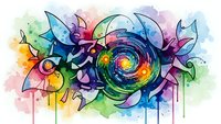 Vibrant watercolor pinwheel design with rainbow spiral center and colorful paint drips for creative projects and artistic backgrounds.