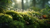 Sunlight illuminating morning dew drops on lush green moss in misty forest, creating magical bokeh effect and ethereal atmosphere.
