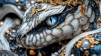 Ornate fantasy dragon head with white scales, blue eyes and golden accents against dark background. Detailed macro shot shows intricate jewelry-like textures and patterns.