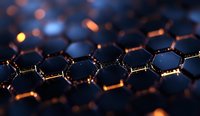Glowing hexagonal molecular structure with orange light effects on dark background, close-up view of graphene or carbon nanotube lattice pattern.