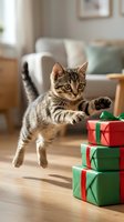 Playful tabby kitten jumping toward stacked gift boxes with red and green ribbons in modern living room interior with sofa and natural light.