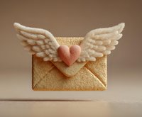 Golden envelope with white feathered wings and pink heart floating against warm beige background for romantic messaging and love communication concepts.