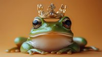 Green frog wearing golden crown sits majestically on warm orange background, fairy tale prince concept for children's stories and fantasy designs.