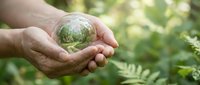Hands holding transparent glass sphere with green forest reflection symbolizing environmental protection and nature conservation in natural outdoor setting.