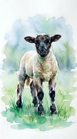 Watercolor painting of young lamb standing in green grass with soft blue and green background wash for nursery decor and farm animal artwork.