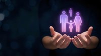 Hands protecting glowing purple family icons representing life insurance, healthcare coverage, and financial security for parents and children.
