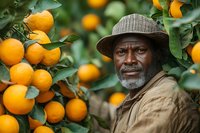 Senior African American farmer with gray beard wearing hat inspects ripe oranges on tree in citrus grove. Natural lighting highlights fresh fruit and farming expertise.