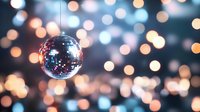 Shiny disco ball hanging against blurred bokeh lights background creates magical party atmosphere with warm golden and blue reflections. Perfect for festive events.