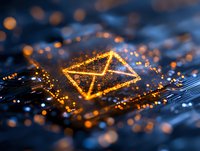 Glowing email envelope icon on circuit board with orange light particles and bokeh effects against dark blue background, digital communication concept.