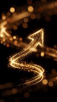 Golden sparkling arrow with glowing particles and bokeh lights on dark background symbolizing growth, success and upward movement for business concepts.