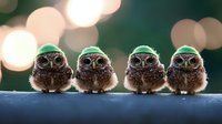 Four adorable burrowing owl chicks sitting in row on blue perch with warm bokeh lights background. Baby owlets with fluffy brown feathers and bright yellow eyes.