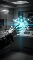 Hand touching glowing digital cubes in modern server room, representing data management, cloud computing, and technology innovation for business solutions.