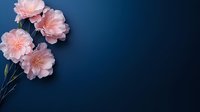 Delicate pink carnations on dark blue background create dramatic contrast. Soft petals and stems arranged artistically against moody navy gradient for floral design.