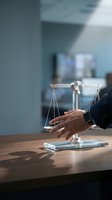 Lawyer touching scales of justice on wooden desk in modern office, representing legal expertise, fairness, and law practice for corporate and judicial concepts.