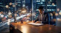 Professional businessman working late at office desk with city lights bokeh background through window. Corporate executive in suit reviewing documents.