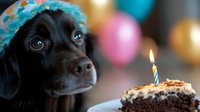 Adorable black dog wearing party hat looking at birthday cake with lit candle, colorful balloons in background for pet celebration.