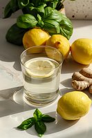 Fresh glass of water with lemon slice, whole citrus fruits, ginger root and green basil leaves on white surface in natural sunlight with shadows.