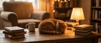 Cozy ginger cat sleeping curled up on a wooden table surrounded by books and a steaming mug in a warm, softly lit living room.
