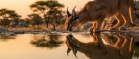 Antelope drinking water at sunset with perfect reflection in calm lake, golden hour lighting creates serene wildlife scene in African savanna landscape.
