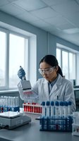 Asian female scientist using multichannel pipette in modern laboratory conducting blood tests and medical research with test tubes and samples.