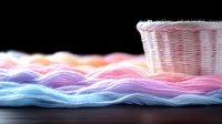 Glowing neon waves in pink and blue colors with white wicker basket on black background create dynamic light trails effect for creative design projects.