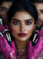 Young South Asian woman wearing bright pink sequined outfit and bold red lipstick, surrounded by makeup brushes. Professional beauty and cosmetics concept.