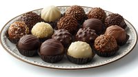 Assorted chocolate truffles and pralines with dark, milk, and white chocolate coating, decorated with nuts and cocoa powder, served on elegant plate.