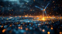 Wind turbine on glowing digital landscape with bokeh light effects and orange particles, representing renewable energy and smart grid technology in night scene.