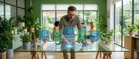 Professional businessman analyzing digital sustainability data and recycling icons in modern green office environment with plants and natural lighting.