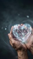 Cupped hands holding glowing geometric heart shape with digital network connections on dark background for healthcare technology and compassion concepts.