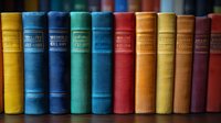 Colorful vintage hardcover books arranged in rainbow order on bookshelf, showing spines with classic binding texture and gold lettering. For library or education themes.